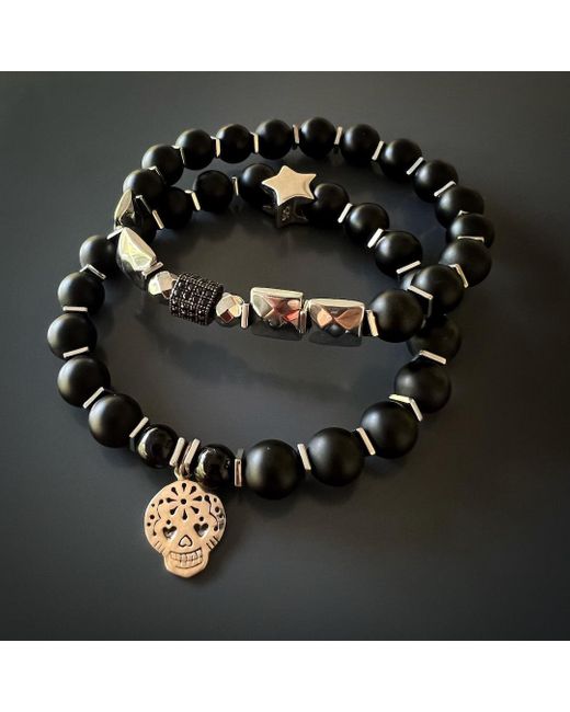 Ebru Jewelry Black Sterling Sugar Skull Charm Onyx Stone Beaded Bracelet