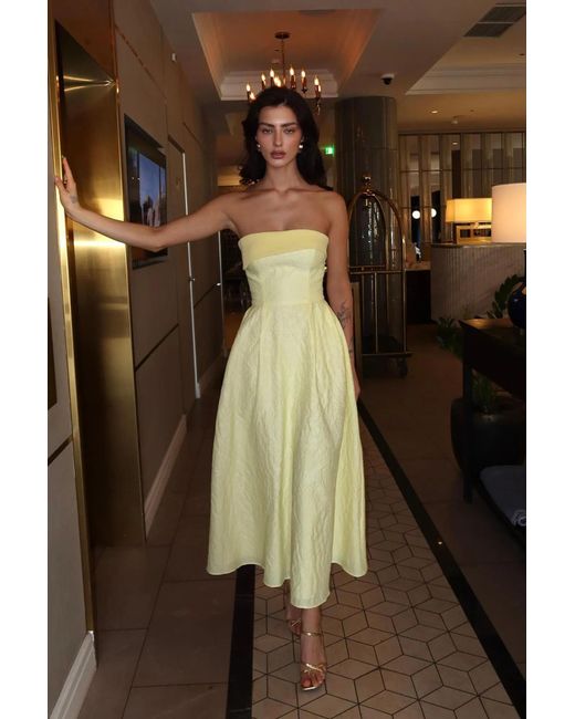POST MERIDIEM Yellow Jacquard Midi Dress With Satin Turn-Up