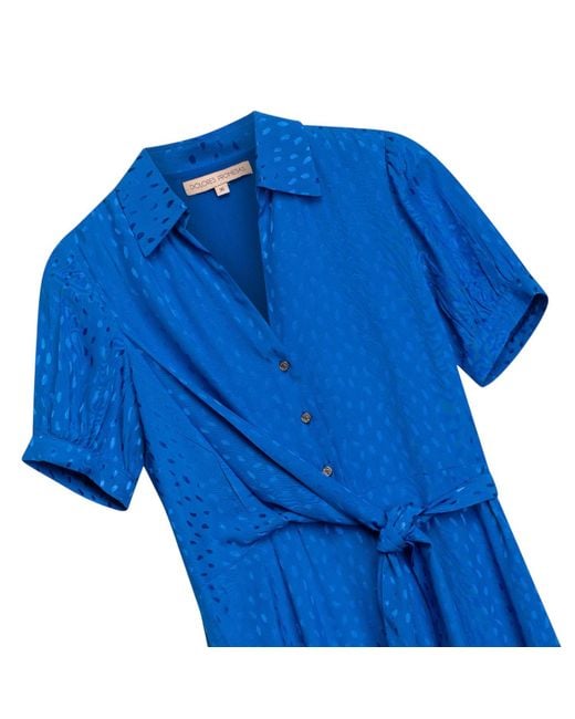Niza Blue Dijon Wrap Midi Dress With Shirt Collar And Bow