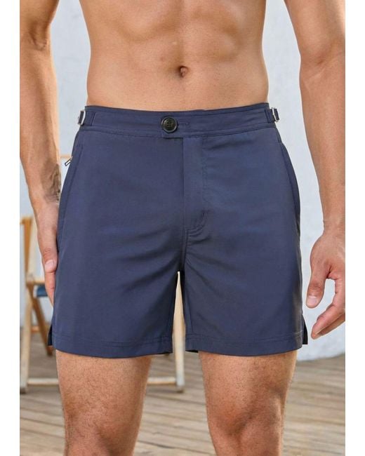 Vayla Blue Classic Plain Long Length Swim Shorts With Adjustable Waist for men