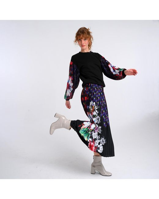 Lalipop Design Blue Floral Print Fully Pleated Maxi Skirt
