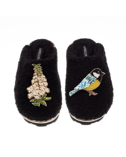Laines London Black Teddy Closed Toe Slippers With Tit & Foxglove Brooches