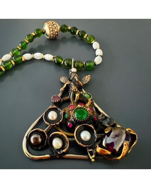 Ebru Jewelry White Jade & Amethyst Gemstone Handmade Angel Pendant Beaded Necklace
