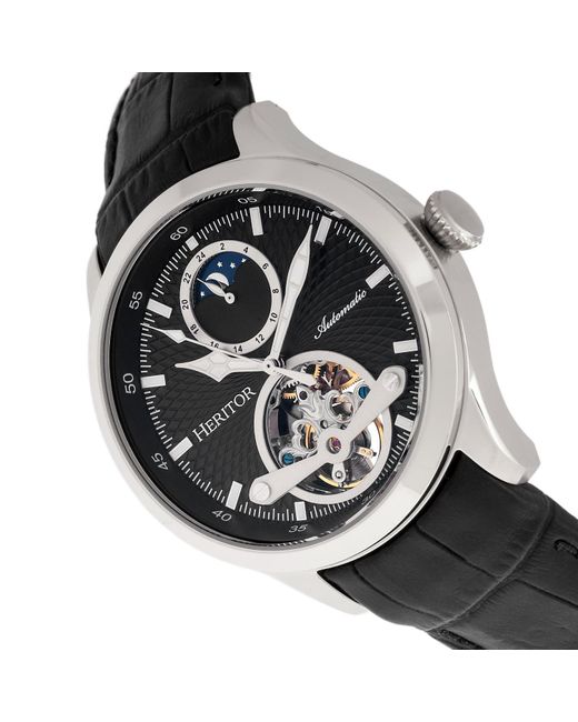 Heritor Metallic Gregory Semi-skeleton Leather-band Watch With Moon Phase for men