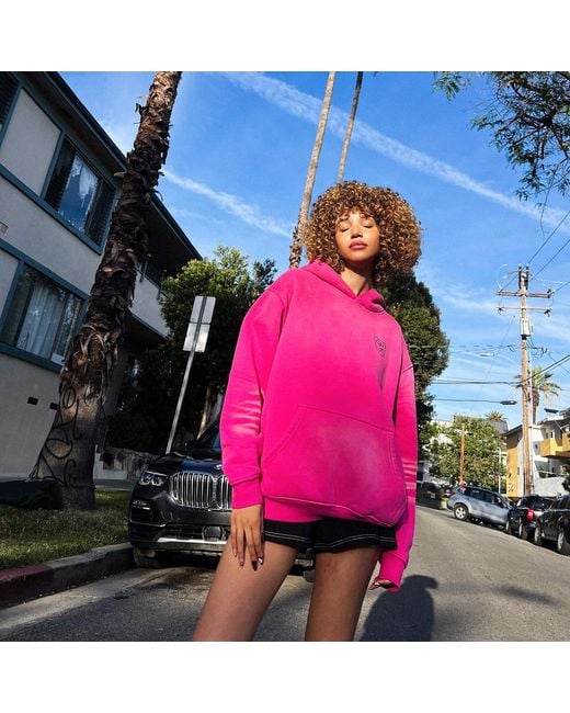 X Ilona Blue Pink Graffiti Teddy Bear Sun Fade Wash Cotton Fleece Fuchsia Hoodie