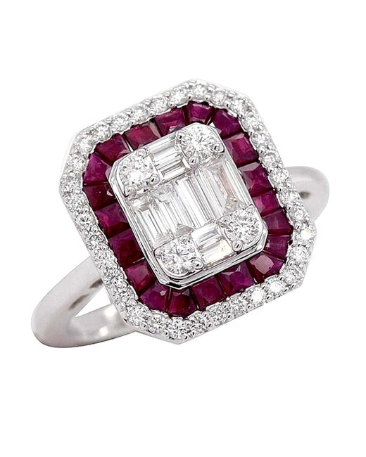 Artisan Multicolor Baguette Diamond & Ruby Gemstone In 18k White Gold Designer Cocktail Ring