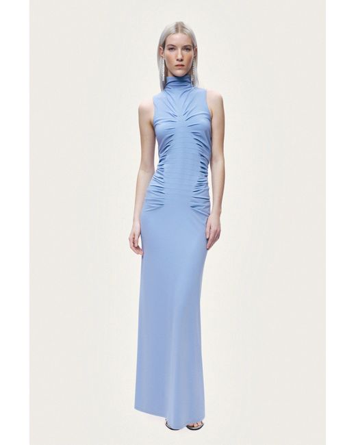 Nocturne Blue Ruched High-Neck Maxi Dress