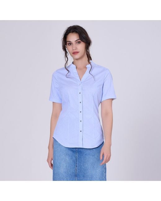Smart and Joy Blue Fitted V-Neck Short Sleeves Cotton Shirt