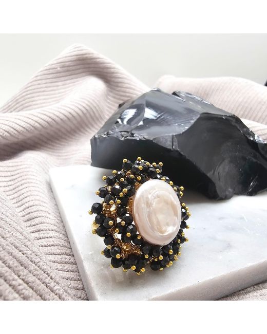 Farra Black Romantic Style Freshwater Pearl With Obsidian Cocktail Ring