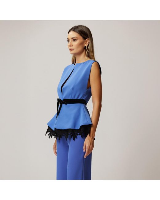 concept A trois Blue Royal Vest, Fitted With Peplum And Lace Details