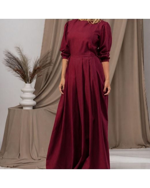 Nikka Place Red Long Linen Formal Dress With Bracelet Sleeves