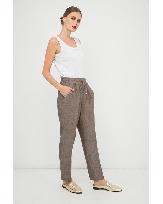 Conquista Brown Long Linen Pants With Tie Detail