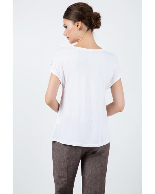 Conquista White Neutrals Boat Neckline Top With Multicoloured Print