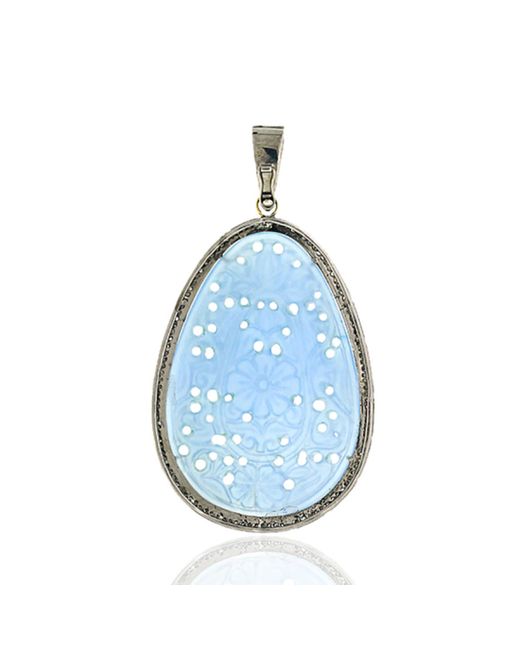 Artisan Blue Carved Agate Gemstone With Pave Diamond In 18k Gold & Silver Oval Cut Pendant