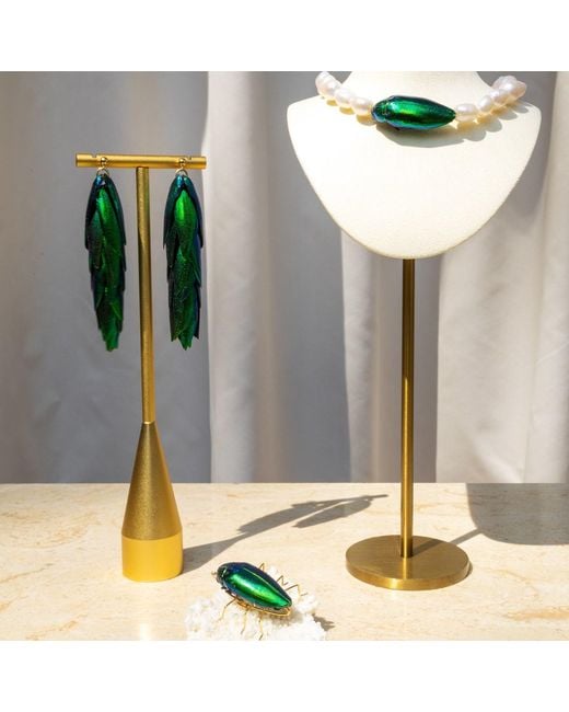 Oana Savu Green Beetle Earrings Long Metallic Natural Recycled Beetle Wings & Earrings