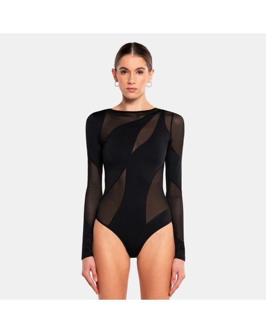 OW Collection Black Spiral Mesh Long Sleeve Bodysuit