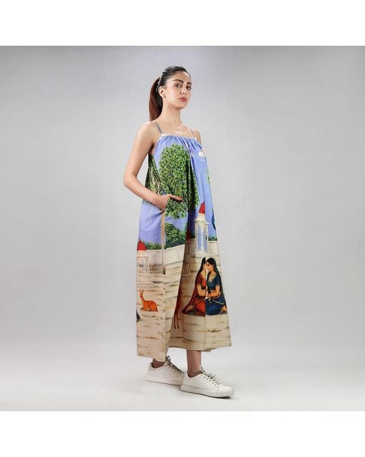 DHARA SHETH DUBAI Blue Saanjh Heritage Art Print Spaghetti Strap Cotton Maxi Dress
