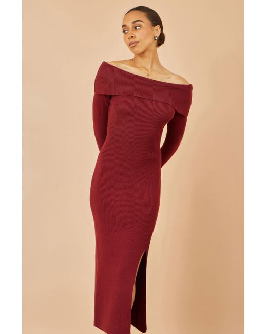 Yumi' Burgundy Bardot Knitted Fitted Midi Dress in Red | Lyst Yumi' Burgundy Bardot Knitted Fitted Midi Dress in Red | Lyst