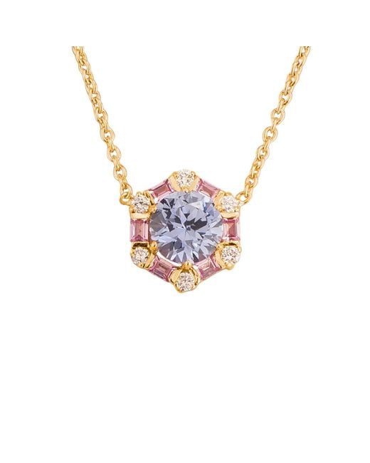 Juvetti White Melba Pastel Sapphire, Sapphire & Diamond Halo Hexagon Pendant Necklace