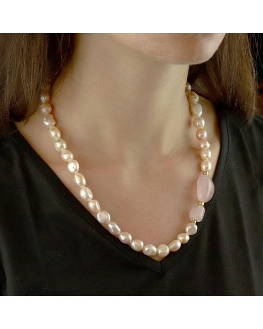 MOUNIR LONDON Metallic Pearl Rose Quartz Necklace Statement Necklace