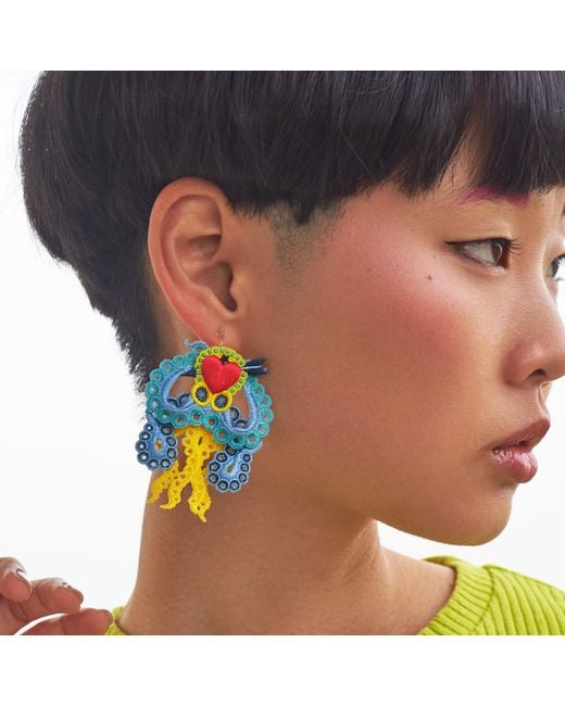 Nana Watanabe Blue Arrow & Octopus Embroidery Earrings