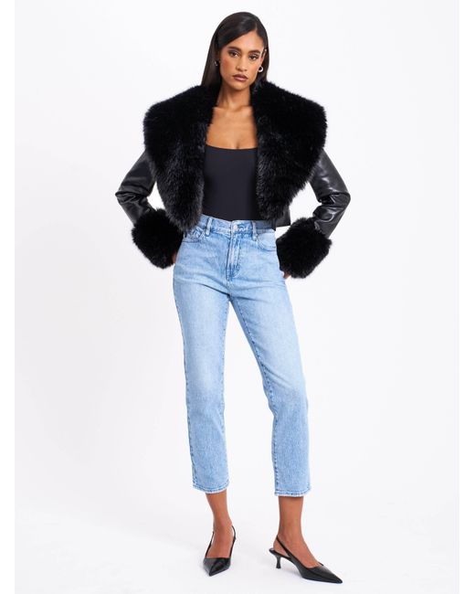 Miss Circle New York Black Ziah Cropped Leather Jacket With Fur Collar