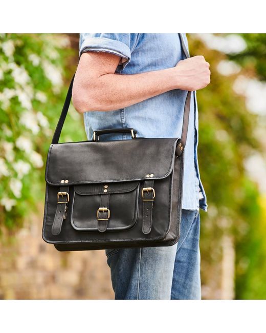 VIDA VIDA Black Leather Satchel Laptop Bag for men