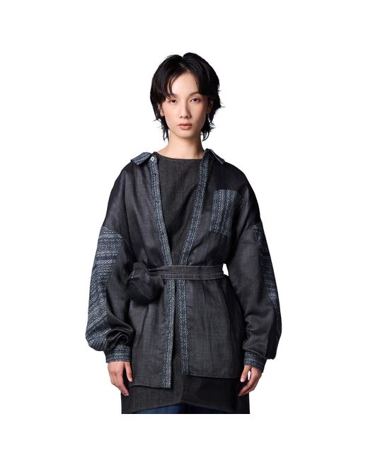 Story Wear Blue Geometric Patchwork Hidden-Button Shirt