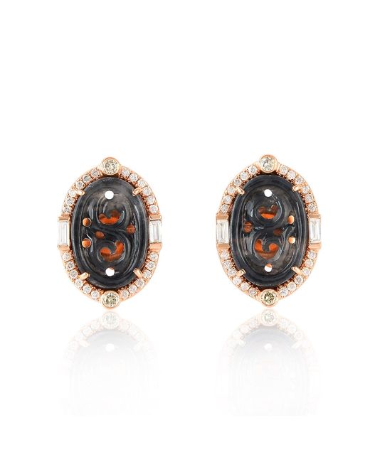 Artisan Multicolor Rose Carved Jade And Diamond Stud Earrings