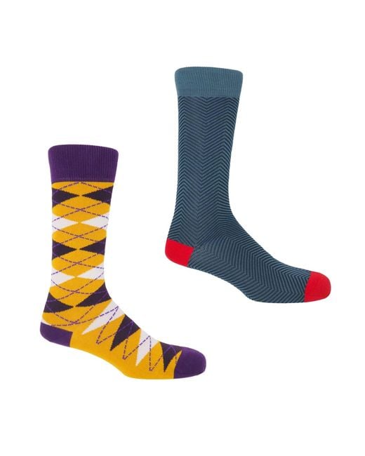 Peper Harow - Made in England Blue Mustard Argyle & Lux Taylor Socks Two Pack for men