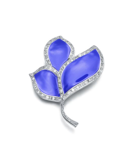 Genevive Jewelry Cubic Zirconia Sterling Silver White Gold Plated Blue Enameled Leaf Pin