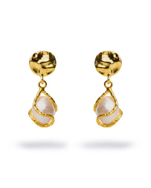 Ebru Jewelry Metallic Cleopatra Crinkle Stud Pearl Drop Statement Earrings