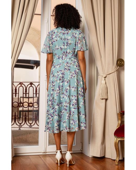 Yumi' Blue Blossom Skater Midi Dress With Angel Sleeves
