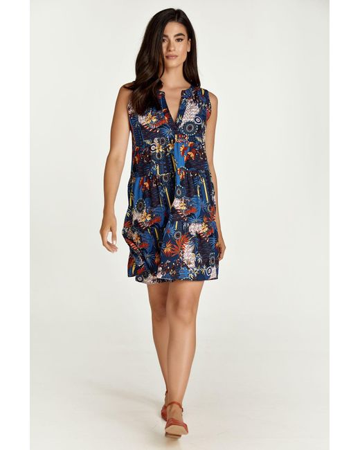 Conquista Blue Sleeveless Flora Print A Line Dress