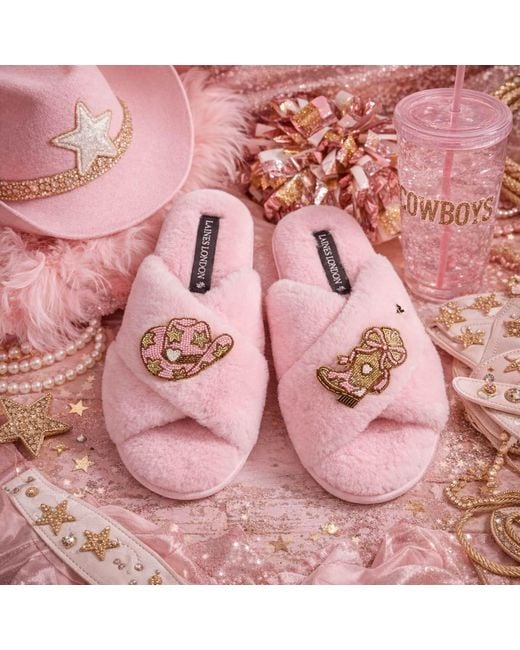 Laines London Pink Classic Laines Slippers With Cowgirl Hat & Cowgirl Boots Brooches