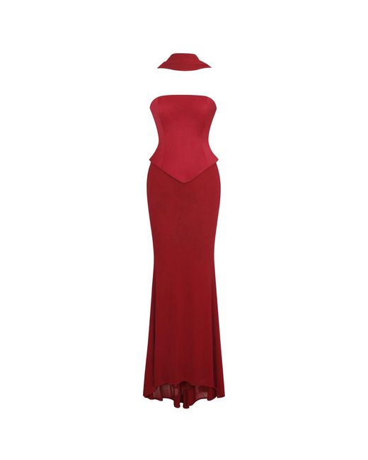 Miss Circle New York Red Giselle Crimson Peplum Mermaid Gown With Chiffon Scarf