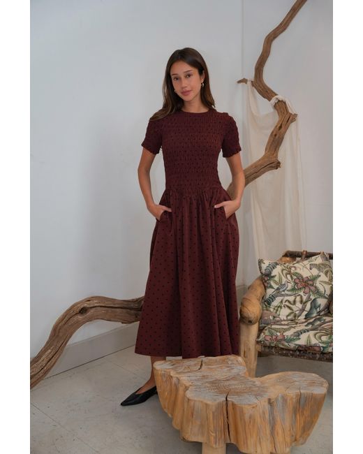 Amy Lynn Red Beatrix Smocked Plum Polka Dot Midi Dress