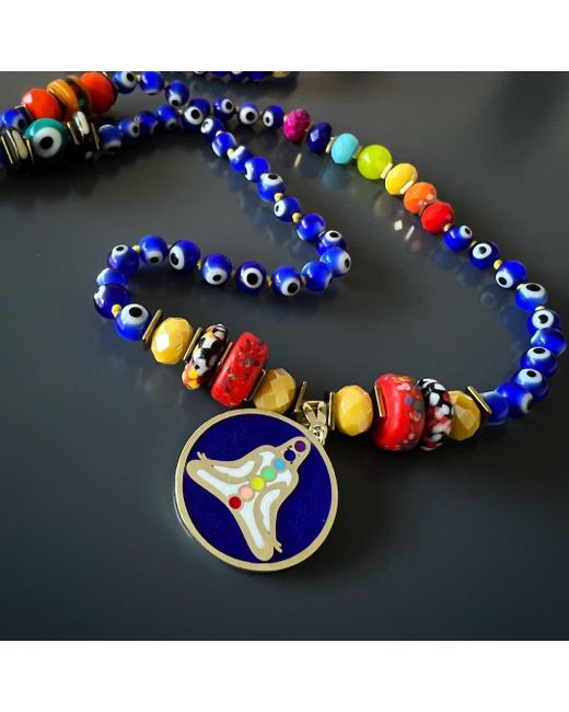 Ebru Jewelry Blue Chakra Colors Meditation Pendant Evil Eye Beaded Mala Necklace
