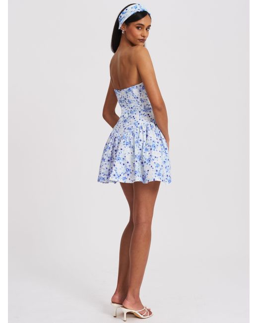 Miss Circle New York Blue Taleah Floral Print Linen Mini Dress With Lace Trim