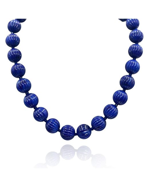 Michael Nash Jewelry Blue Vicenza Sapphire Resin Carved Seventeen And Half Inches Melon Bead Necklace