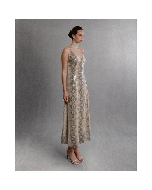 Aisl Natural Snakeskin Sequin Slip Dress