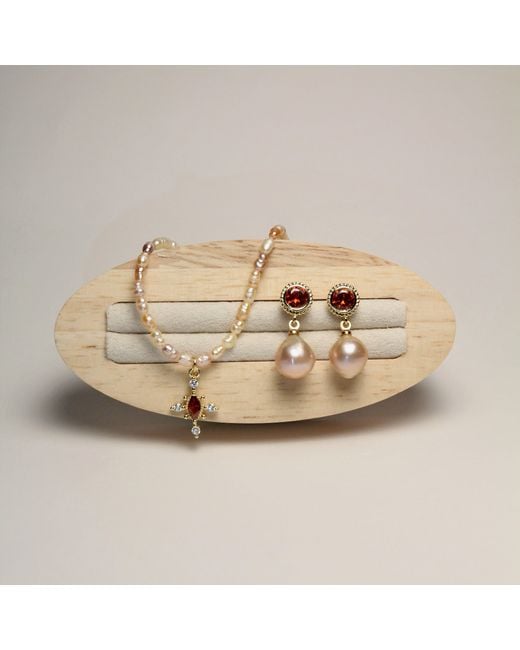 Ninemoo Metallic Crimson Cross Pearl Necklace