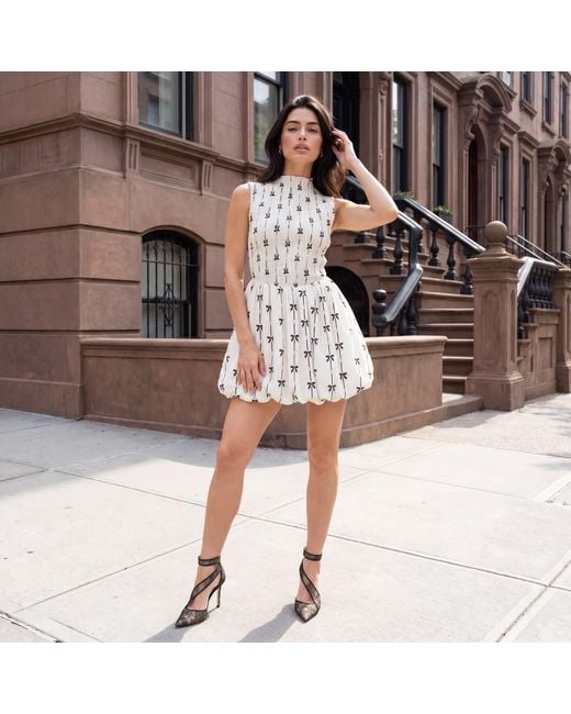 Modenaire White Neutrals Bow Print Mini Dress Sculpted Volume