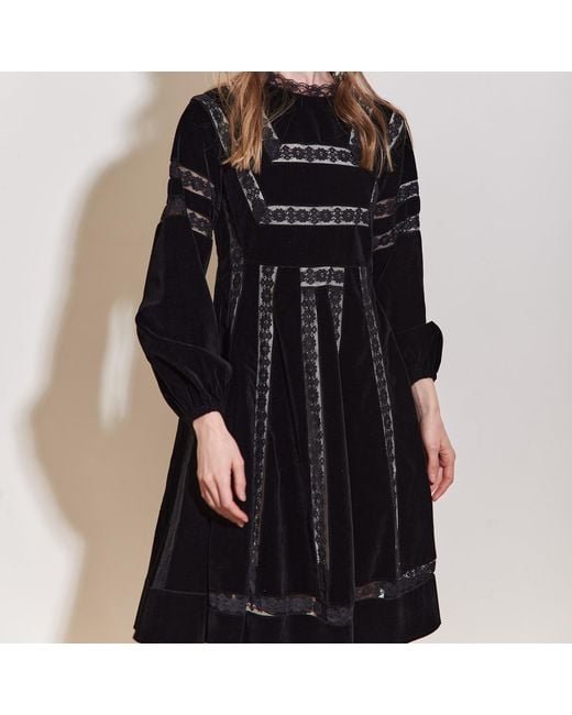 Roch Perel Blue Velvet Lace Patchork Flare Dress