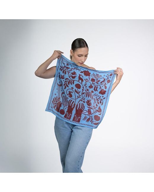 Silk&Soul Blue Folk Motif Silk Scarf