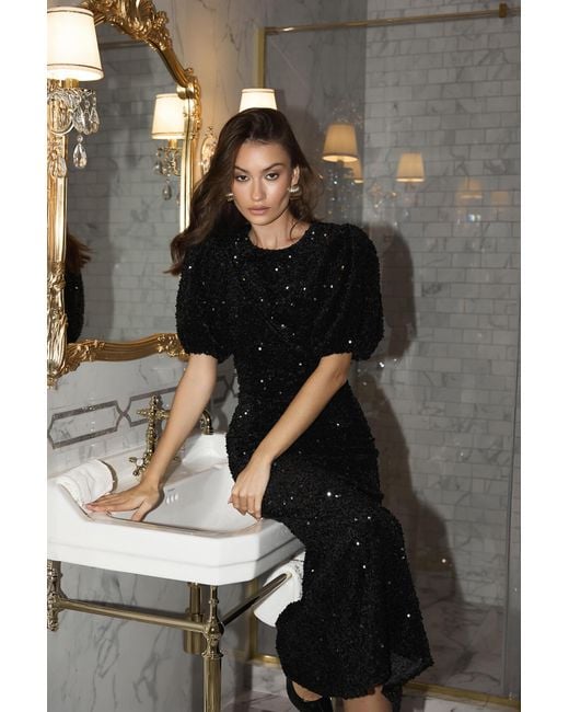 POST MERIDIEM Black Sequin Decorated Velvet Puff Sleeve Midi Dress