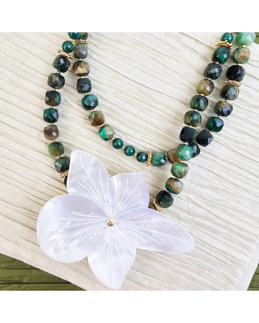 Farra Metallic Cube Tiger-Eye Stone With Giant Flower Shell Long Necklace