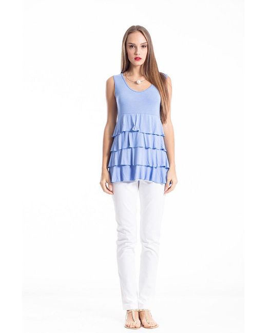 Conquista Blue Sleeveless Tiered Frill Top