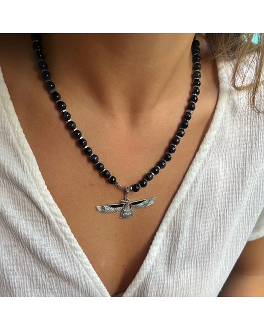 Ebru Jewelry White Tourmaline Faravahar Beaded Necklace-black