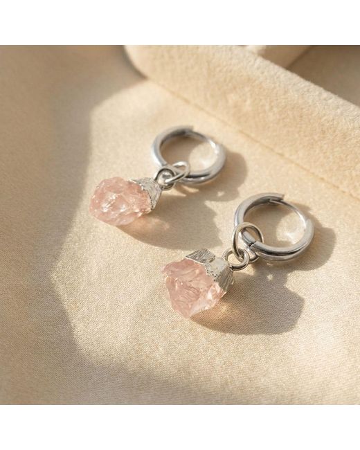 Harfi Metallic Raw Rose Quartz Sterling Round Huggies